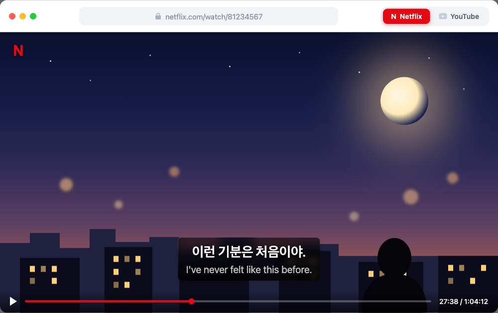 Un K-drama su Netflix con i sottotitoli doppi di Linglass: la riga in coreano sopra e la traduzione in italiano subito sotto.