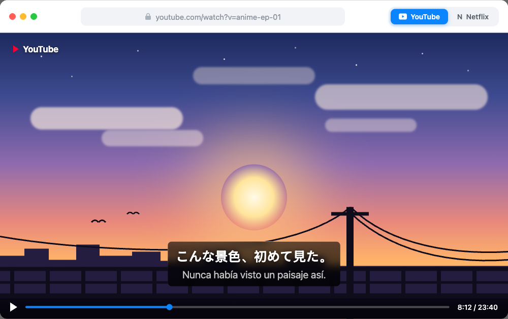 Escena de anime en YouTube con los subtítulos dobles de Linglass: la línea en japonés arriba y la traducción al español justo debajo.