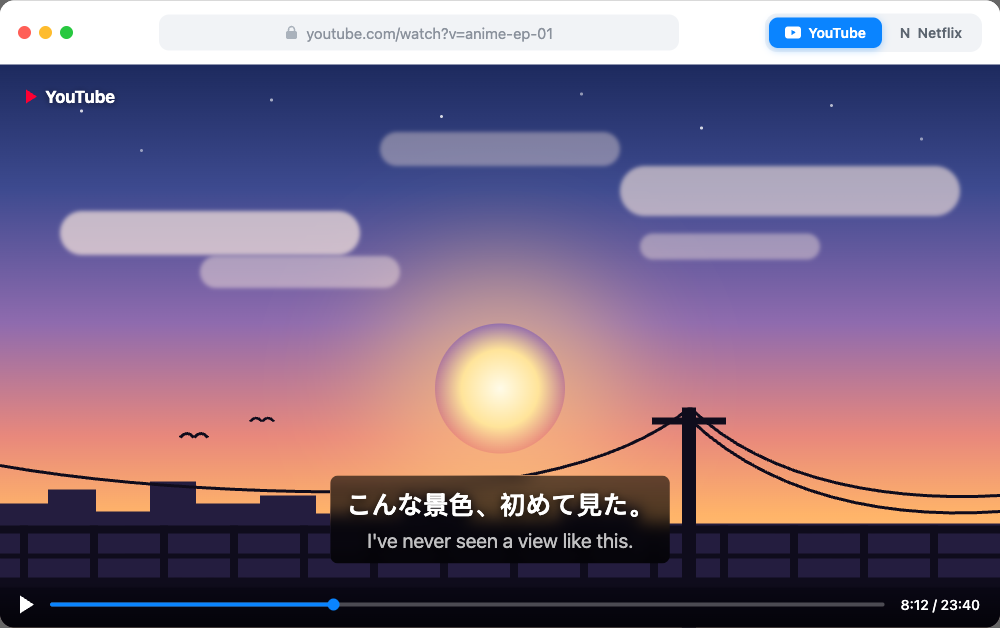 Dubbele ondertitels — een Japanse en een Nederlandse regel — over een animescène in Linglass